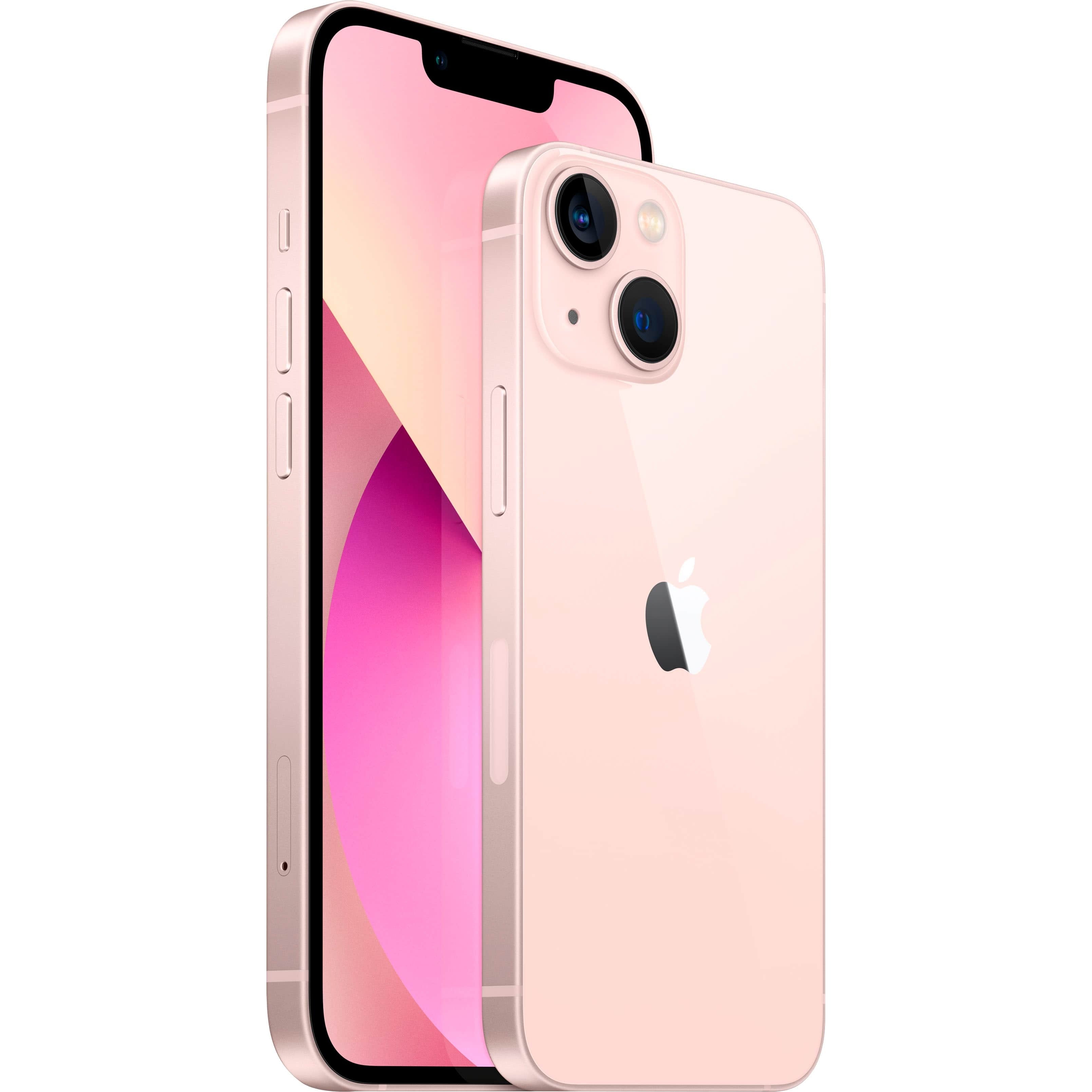 Refurbished Apple iPhone 13 128GB in Pink color, unlocked smartphone front and back view