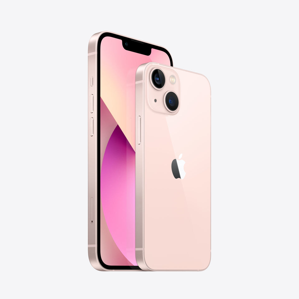 Refurbished Apple iPhone 13 128GB in Pink color, unlocked smartphone front and back view